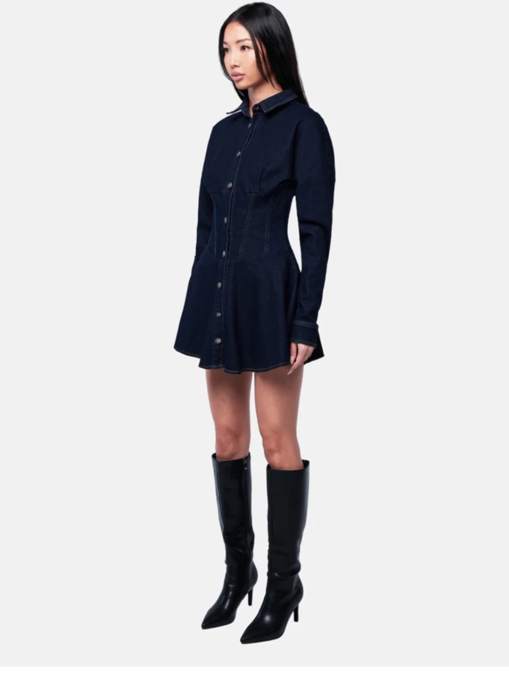 OW Collection Ella Denim Shirt Dress in Dark Wash in Size Small - Picture 5 of 13